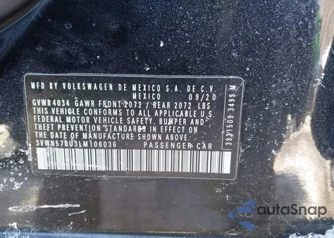 2020 Volkswagen Jetta z USA, uszkodzony, nr VIN 3VWN57BU3LM106036